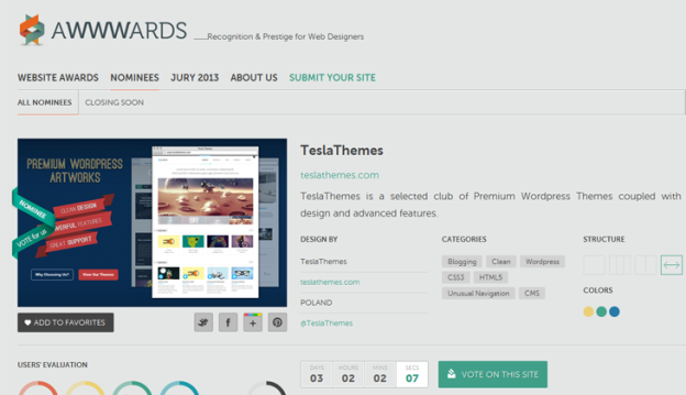 TeslaThemes nominated on Awwwards